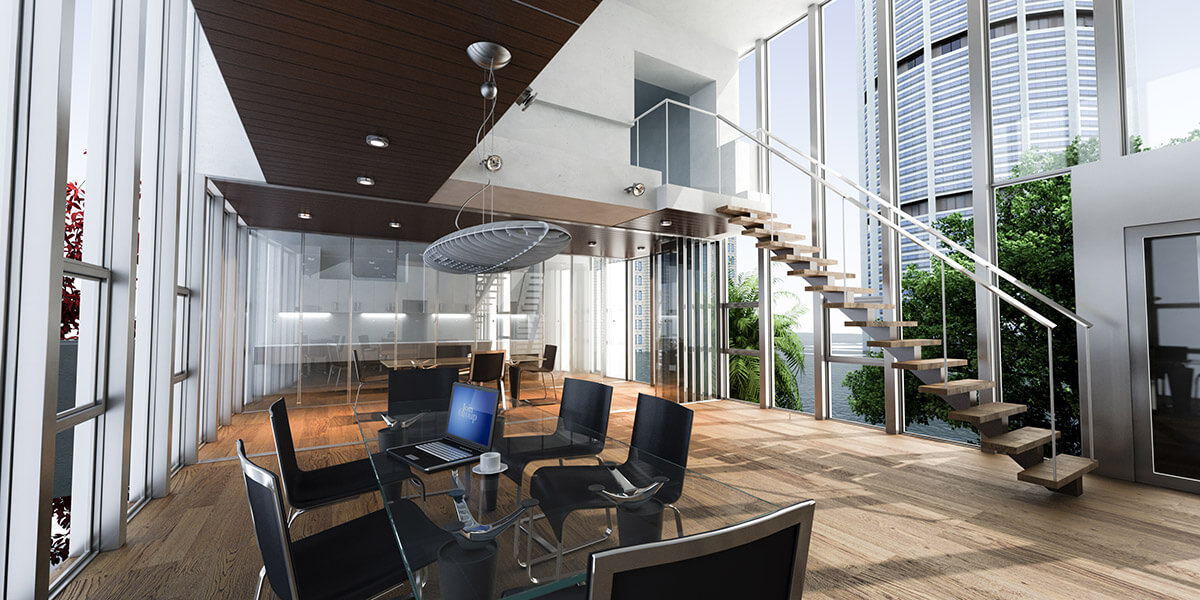 The interior of a modern office. There is a glass coffee table with black chairs in the foreground.