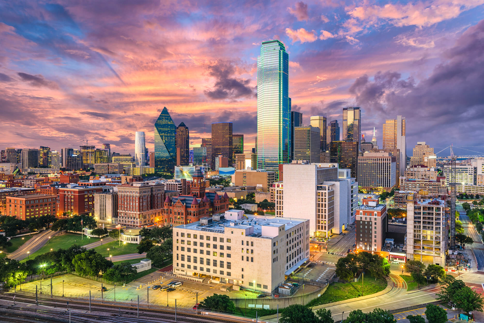 Skyline of downtown Dallas, Texas at sunset.